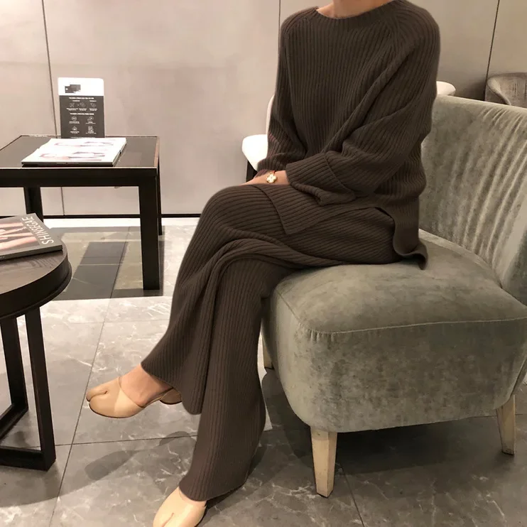 Women Pant Sets Knitted Casual Sweater Suits Round Neck Split Pullover Long Top Wide Leg Pants Two Piece Sets Autumn Winter