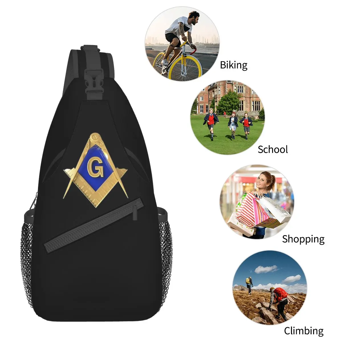 Freemason Gold Square Masonic Sling Bags Chest Crossbody Shoulder Backpack Outdoor Sports Daypacks Mason Cool Bag