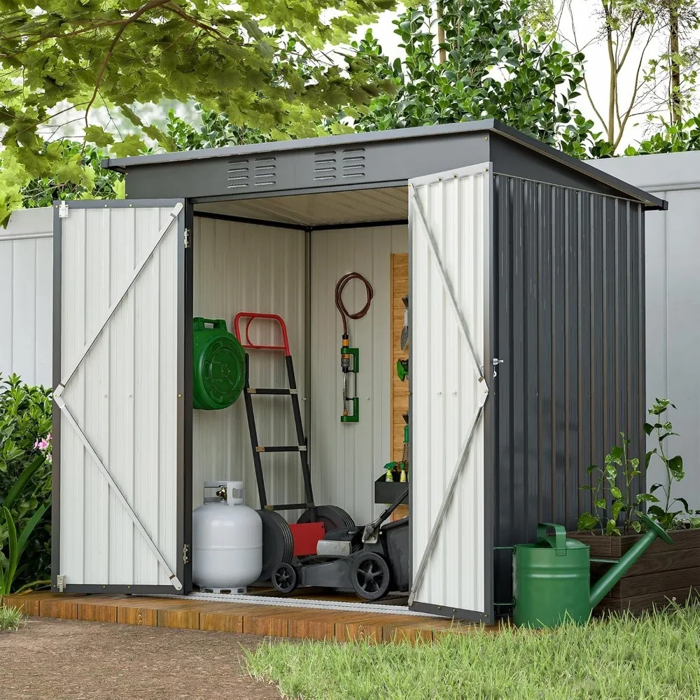 6 X 4 Ft Outdoor Storage Shed with 2 Double Hinged Door & Floor Base, All Weather Tool Lockable Garden Shed Storage Room