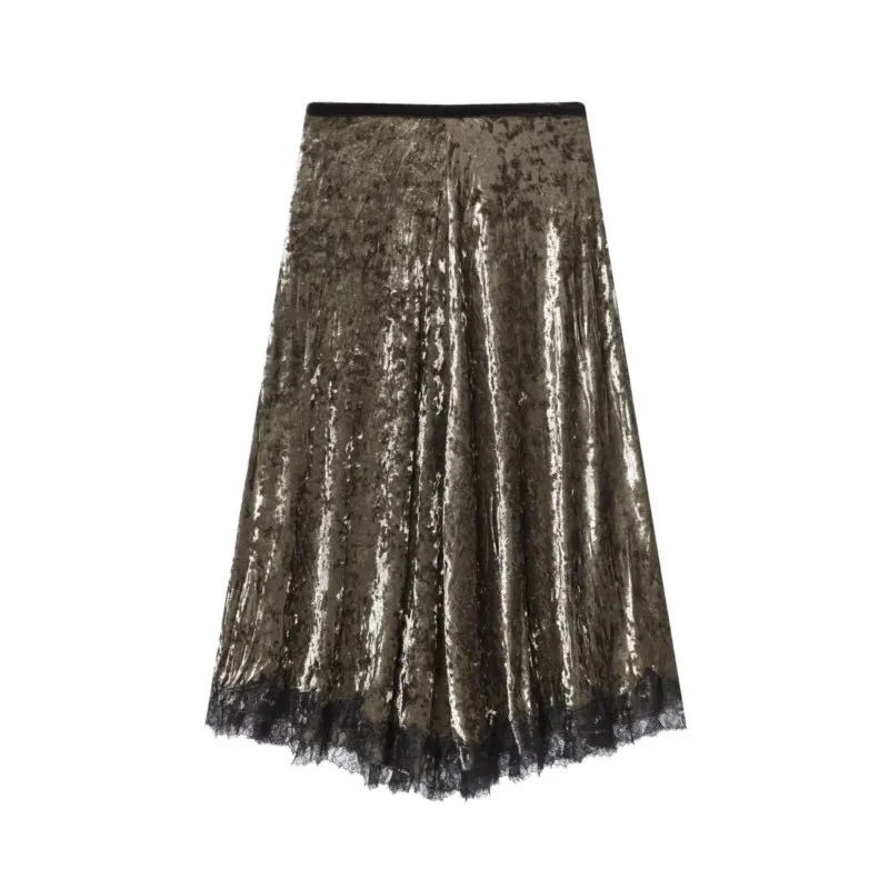 HipSeam النساء الدانتيل المخملية تنورة الخريف عالية الخصر المرأة مطوي تنورة سيدة عادية الجانب البريدي التنانير التنانير النسائية