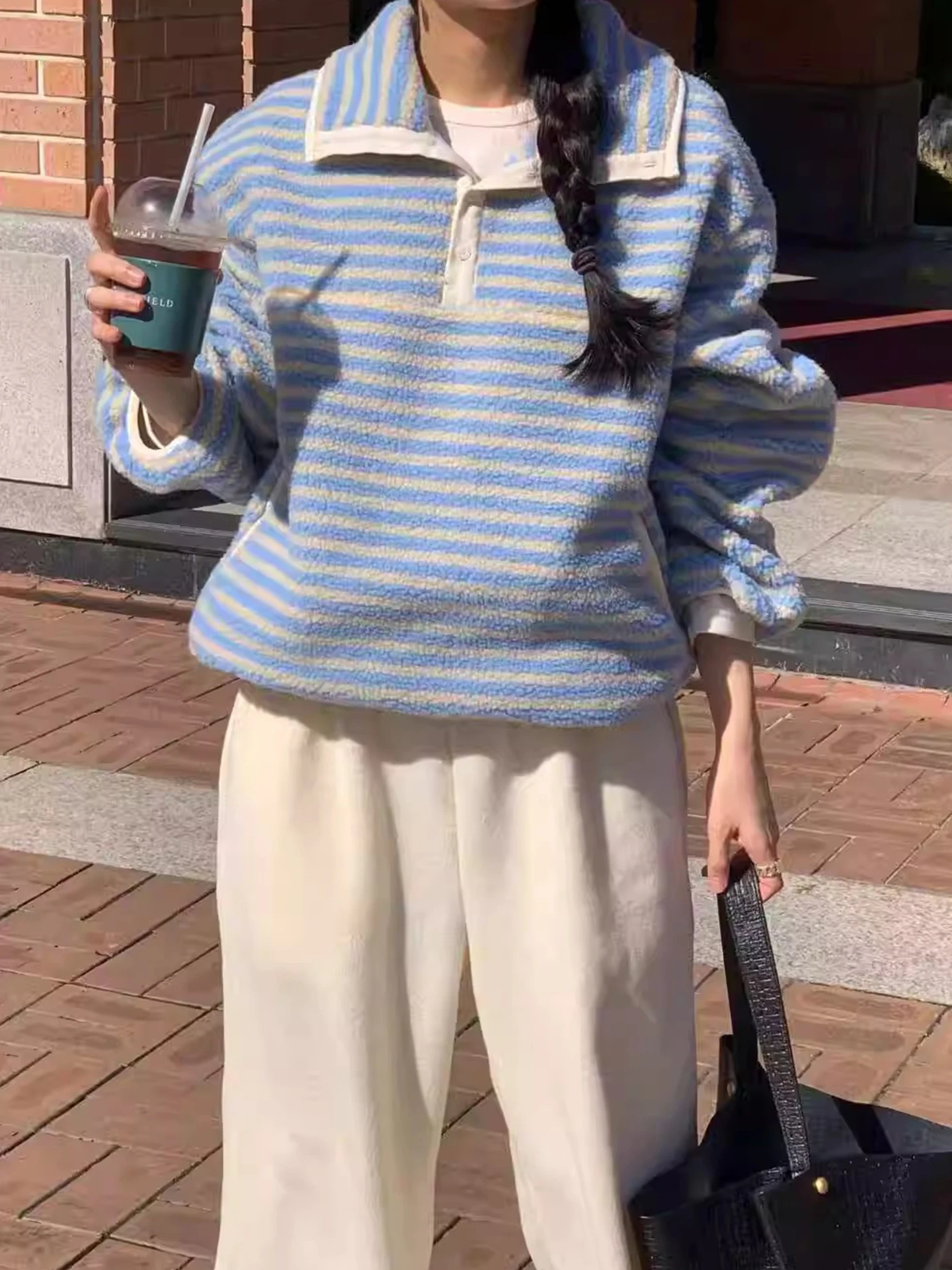 Damska bluza oversize z kapturem, kurtka w paski, kolorowy blok, nowa zimowa bluza z dużym kołnierzem, luźna góra, styl koreański, długa bluza.