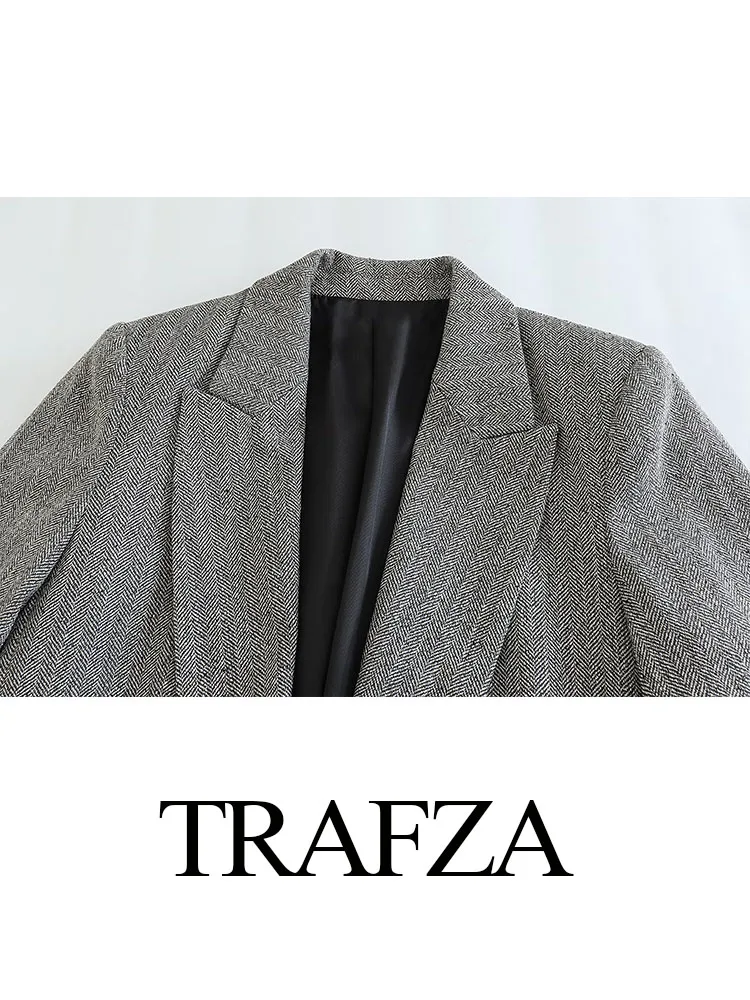 TRAFZA Elegant Women Long Sleeve Pocket Buttons Design Texture Blazer+Elastic Waist Side Pockets Wide Leg Pants 2 Piece Set