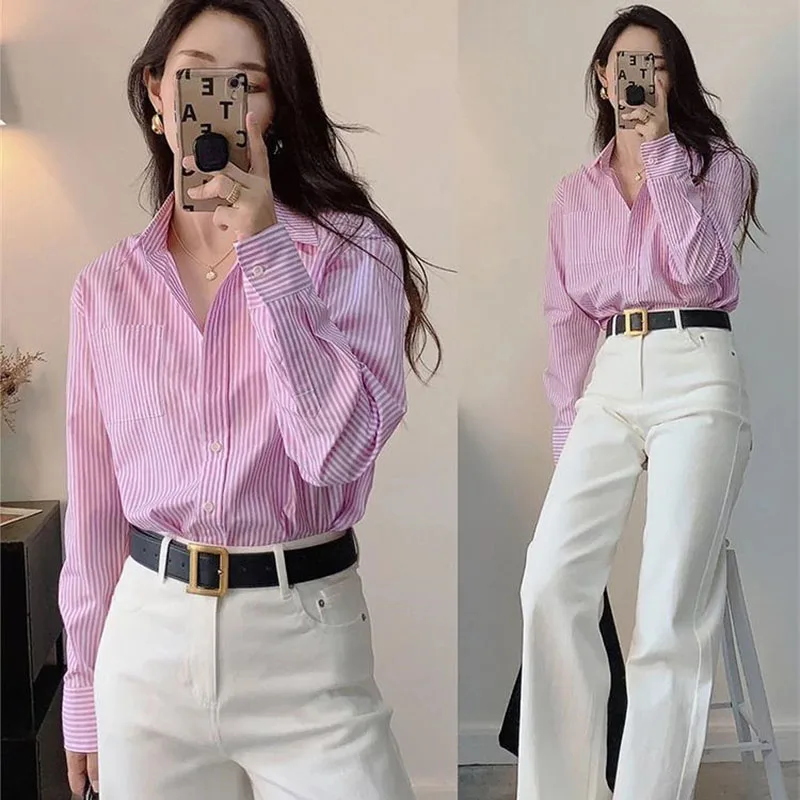 春秋の女性用ストライプシャツコート、レディースファッション長袖シャツトップス、フランス風女性用プレミアムフレッシュカジュアルカーディガンブラウス