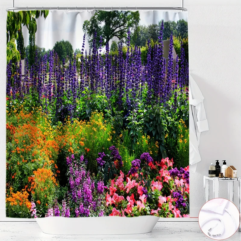 YWJHUI Water-Resistant Polyester Shower Curtain with Floral Garden Digital Print - Includes Hooks, Machine Washable, Woven Knit