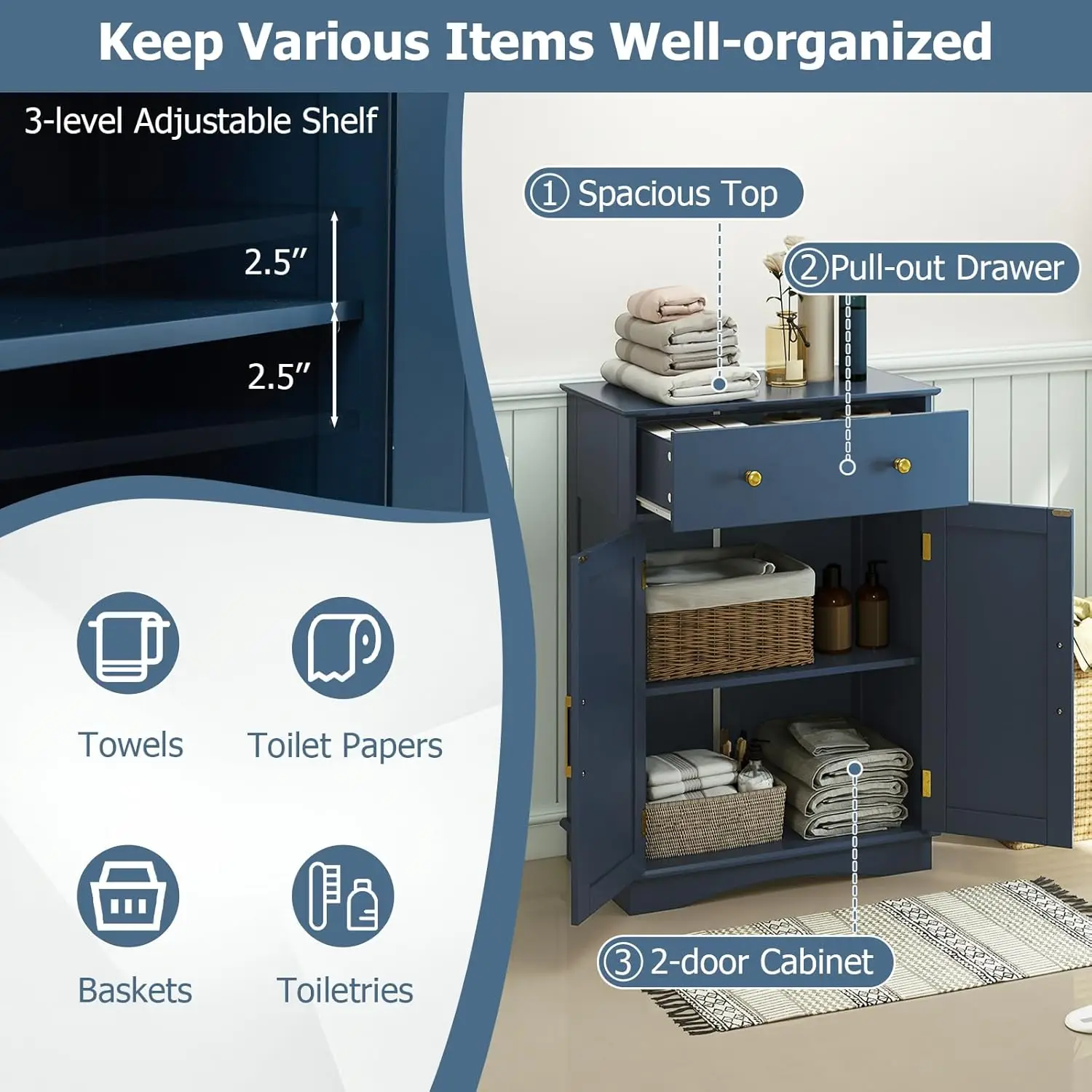خزانة تخزين حمام حديثة قائمة بذاتها مع درج كبير قابل للسحب، بابين، رف قابل للتعديل لغرفة المعيشة باللون الأزرق الداكن #6