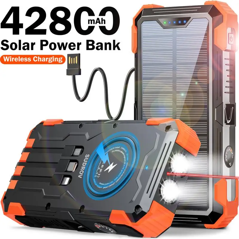 

Sudrov 42800 mAh Solar Charger Power Bank Wireless Charger Built in 4 Cables 7 Outputs 15 Watts Fast Charging Power Bank
