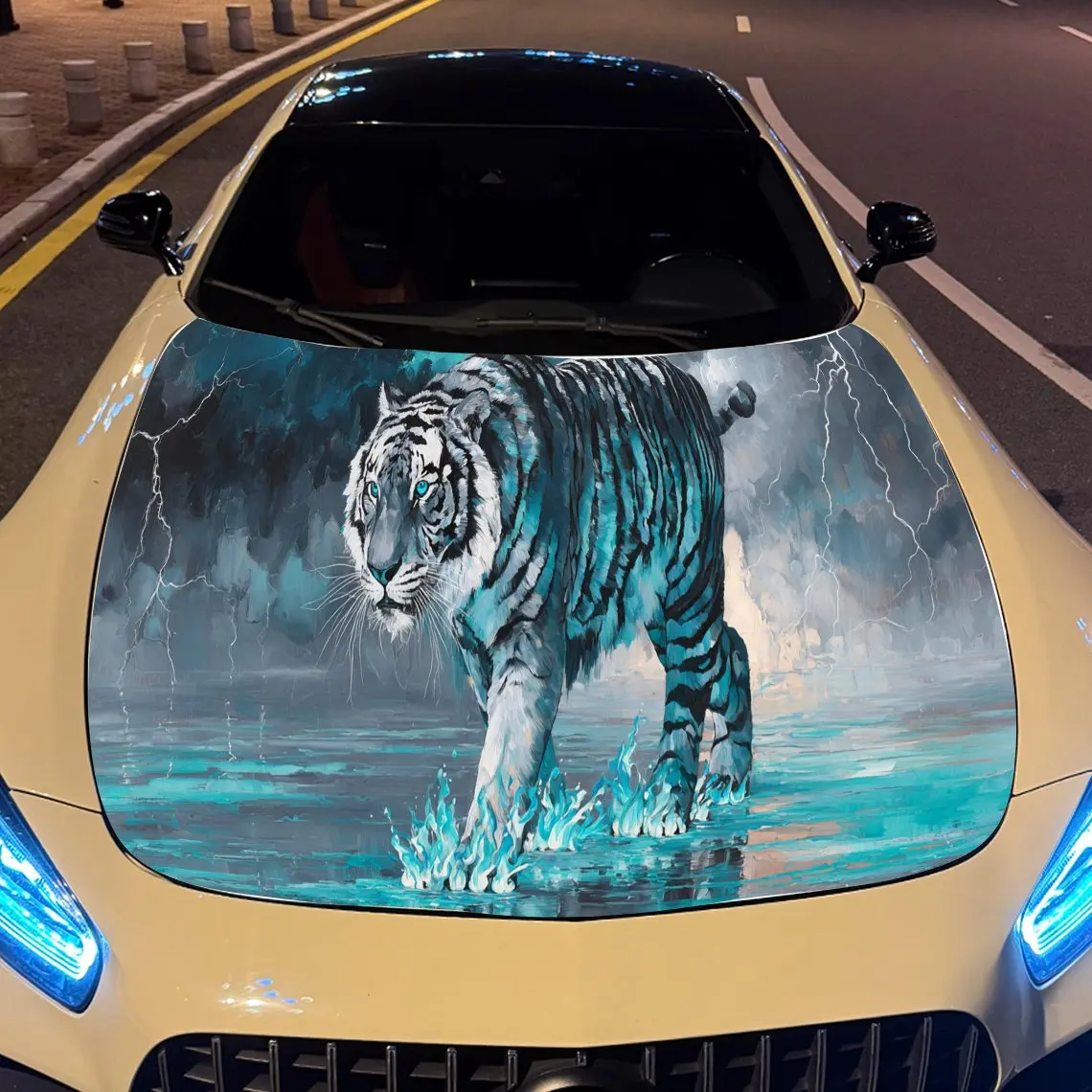 

Крутой тигровый принт, наклейки на капот автомобиля, водонепроницаемая самоклеящаяся наклейка на капот автомобиля из ПВХ, защитные наклейки для украшения капота автомобиля, автоматический переменный ток