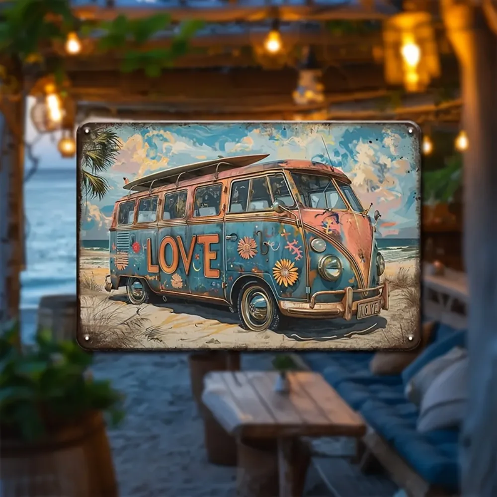 CIFbuy Retro Beach Life Bus Camper Van Aluminum Wall Art 7.87x11.81in Waterproof Tin Sign for Home Office Room Decor Gift