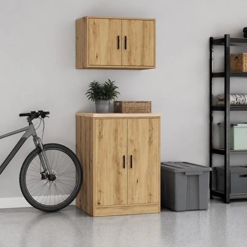 Armoire de rangement d'outils de garage 80x40x120 cm en pin et bois d'ingénierie, structure stable avec plan de travail