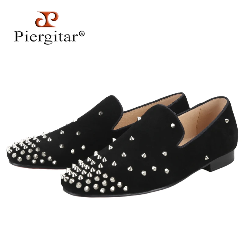 Piergitar Black Suede And Smooth Leather Slip-On Loafers With Handmade Silver Spikes CL Brand Same Design Red Sole Men's Flats