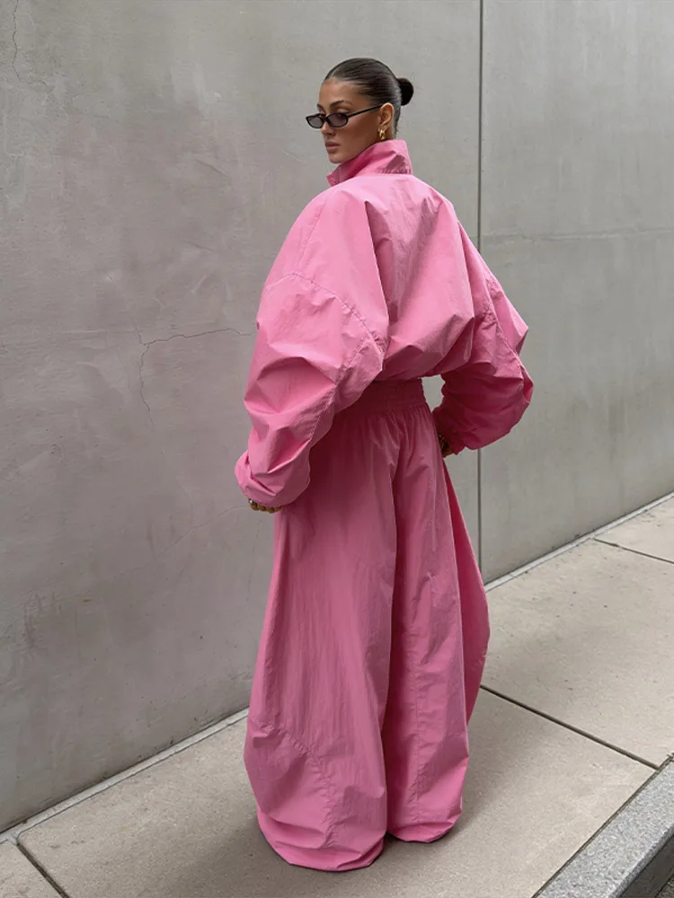 Stehkragen Langarm Oversize-Oberteil und Hosen-Set für Damen, Streetwear mit Taschen, Lockere Mäntel, Hosen mit Elastischem Bund, Schickes Damen-Outfit, Neu – Detail 5