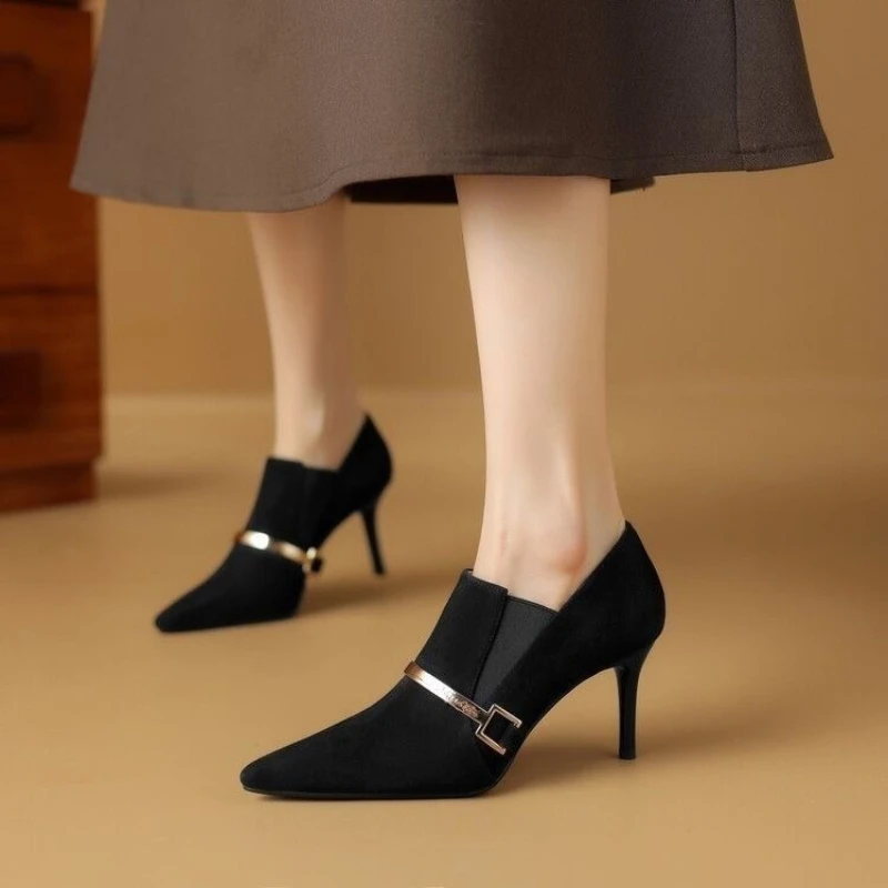 

Female Shoes New High Heels Retro Dress Pumps Women Metal Decoration Pointed Toe Slip on Thin Heels Shoes Female
