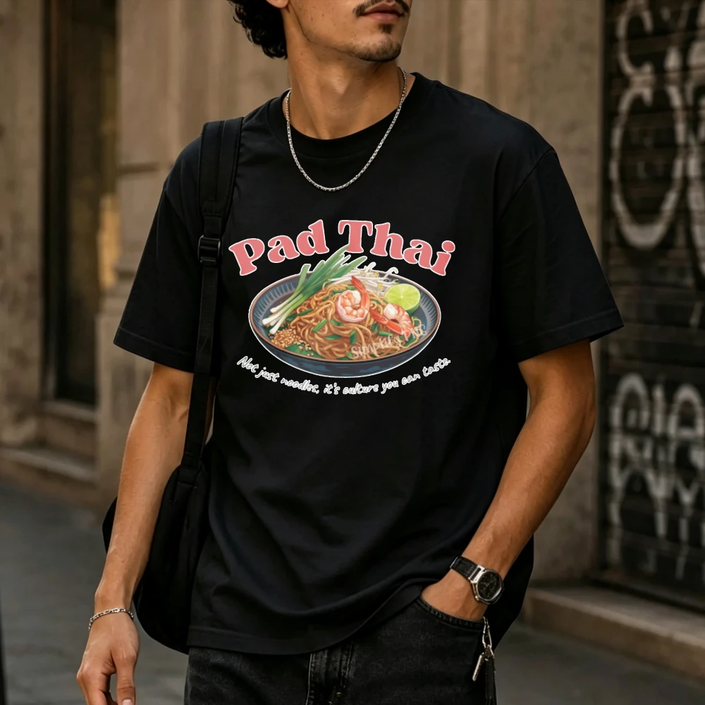 Watercolor Pad Thai Food Illustration Short Sleeve Crew Neck Cotton T Shirt Relaxed Fit Noodles Shrimp Lime Green Onions Tops