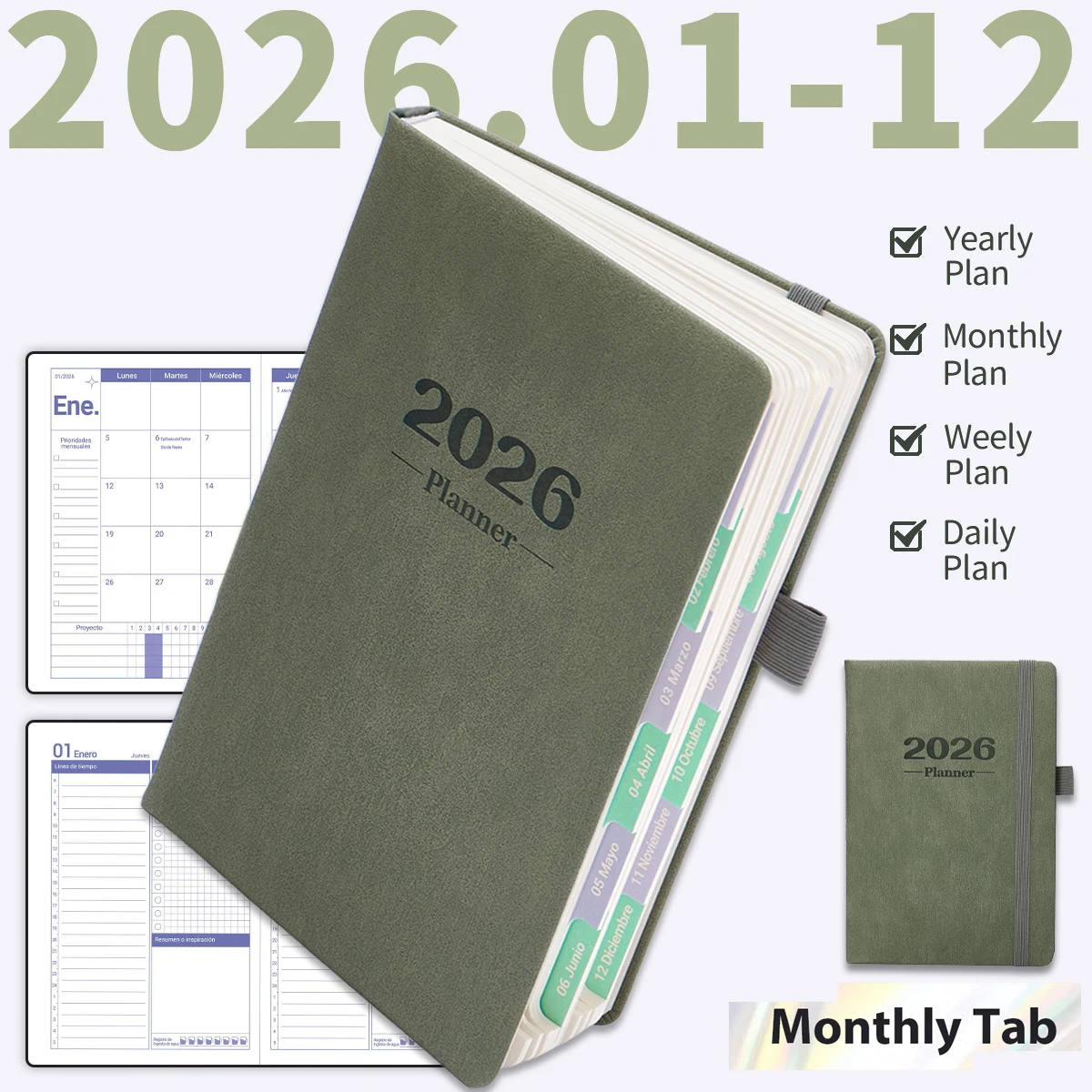 2026-Planer, A5-Organizer mit Kalender 2024, Monatsregisterkarten, elastischem Verschluss, Stiftschlaufe, säurefreies Papier, To-Do-Liste für die Büroschule