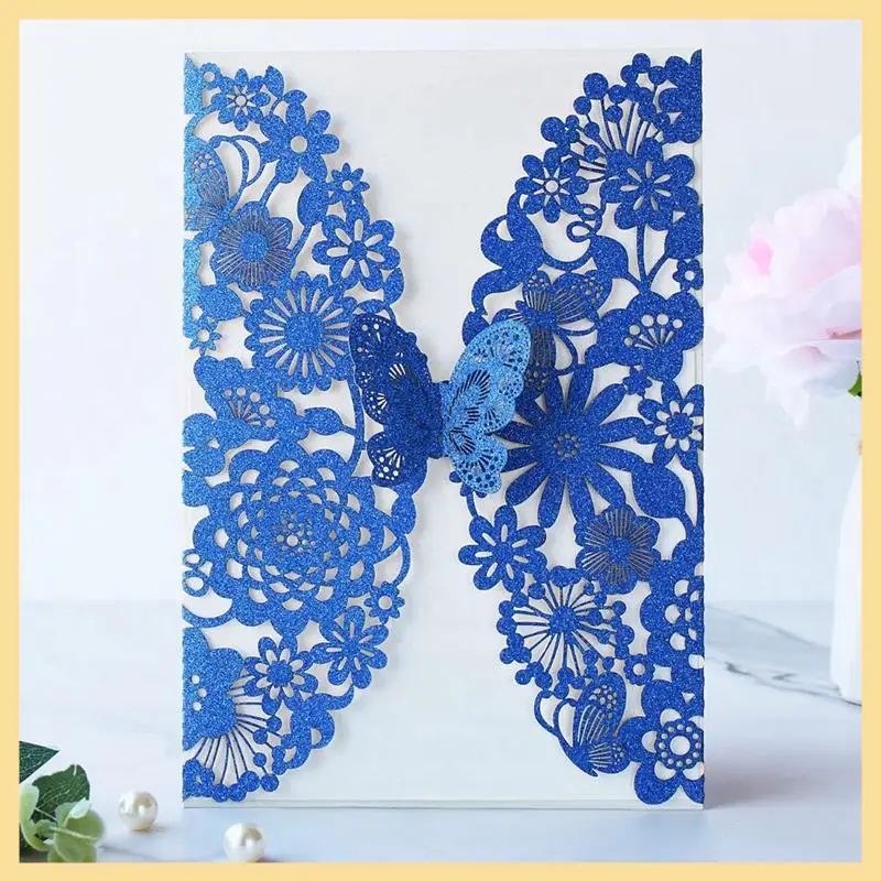 

ХОРОШО-20 комплектов пригласительных билетов с бабочками, кружевные свадебные приглашения, бумажные свадебные пригласительные билеты с конвертами (синий блеск)