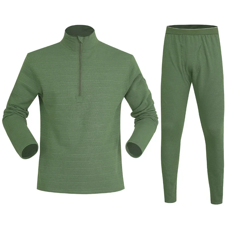 Men Grid Fleece Thermal Underwear Set Half Zip Top Long Pants Autumn Winter Warm Base Layer Suit view 5
