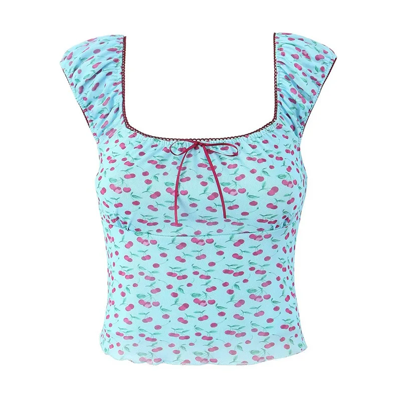 Withered 2026 Spring New European And American Style Women's Fashion Sexy Spicy Girl Bubble Sleeve Printed Strap Short Top