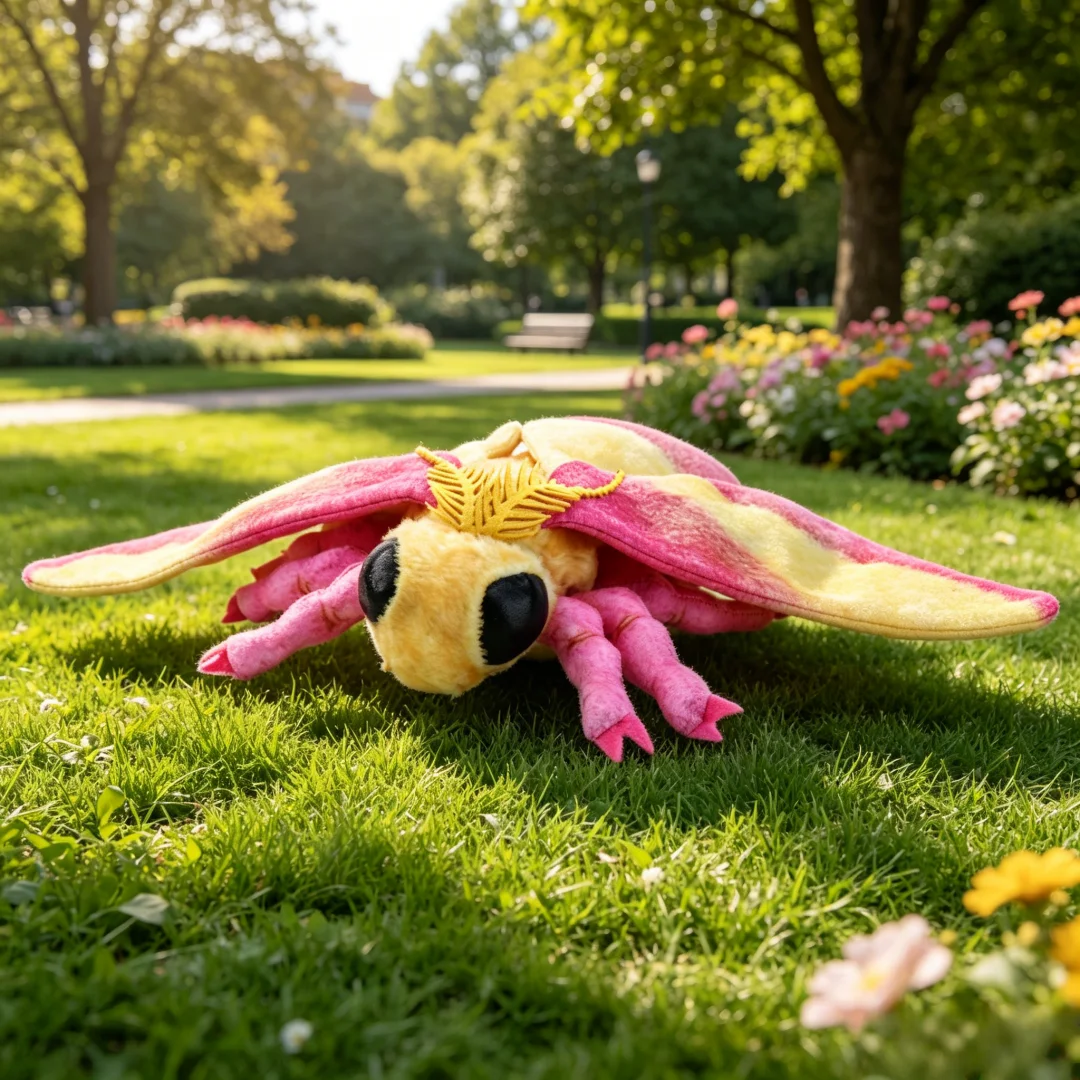 Rosy Maple Moth Plush Soft Life Like Pink Yellow Stuffed Animal Plushie Collectible Birthday Xmas Gift for Kids Insect Lovers