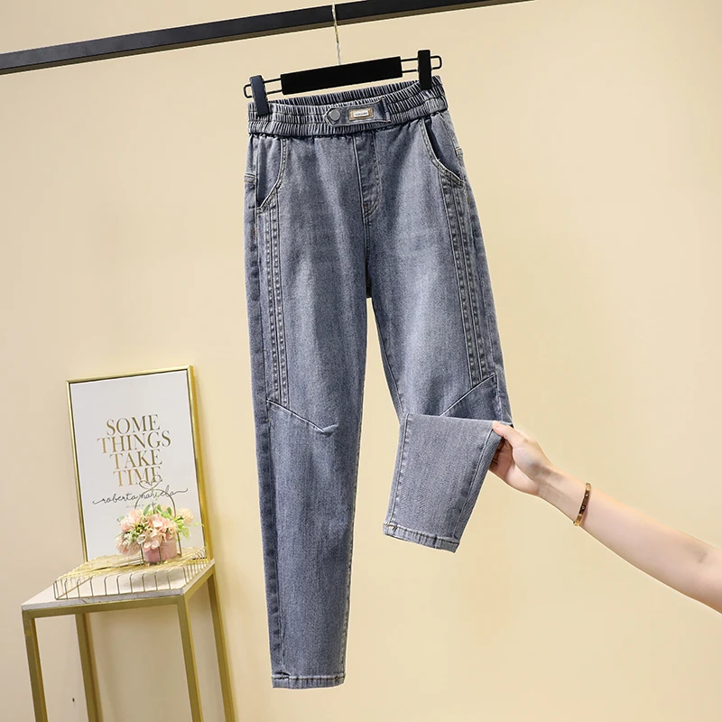 Women Denim Pants Vintage Elastic Waist Harem Jeans Spring Autumn Casual Ankle Length Mom Jeans Plus Size Female Denim Trousers