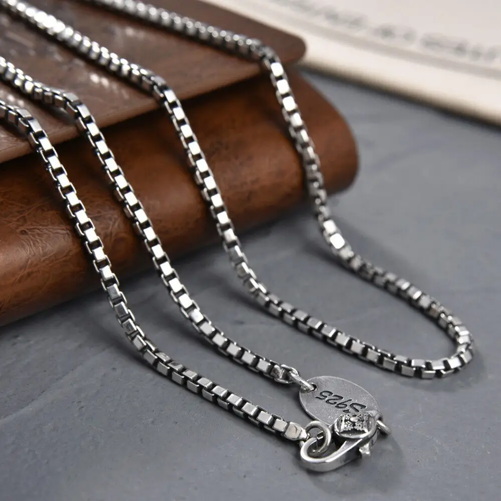 Pure 925 Sterling Silver Necklace Women Men 2.2mm Vintage Crafts Box Link Chain 20-30inch Length S925