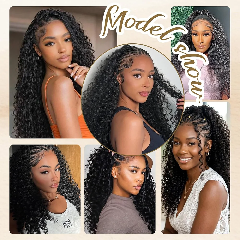 Natural Black Deep Wave Feather Crochet Human Hair Bundles 100% Human Hair Pre-Separated Knotless Feather Extension Invisible Boho Braid Hair Deep Curly Braiding Extensions Soft Real Human Hair Bulk for Women Ladies Various Fashion Braided Hairstyles - view 7
