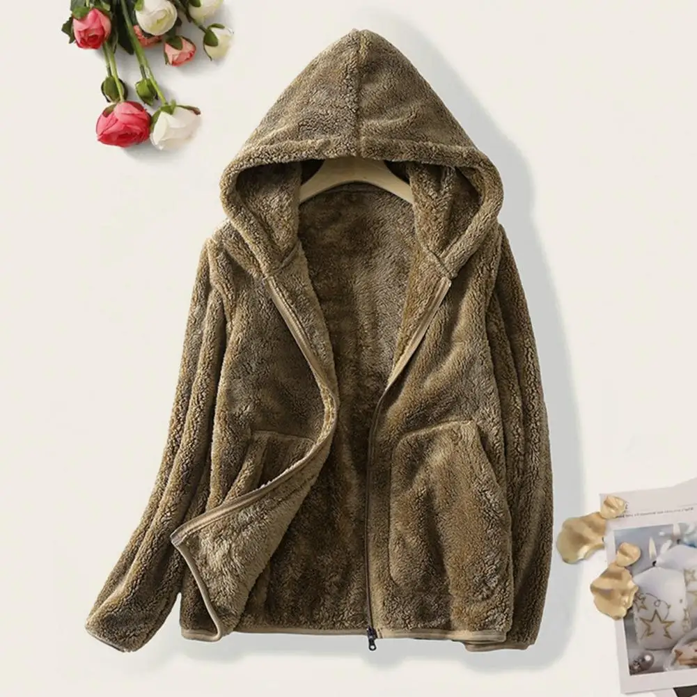 Women Coat Autumn Winter Warm Polar Fleece Jacket Hooded coat Thickened Long Sleeve Zipper Placket Pockets Sweatshirt Coat