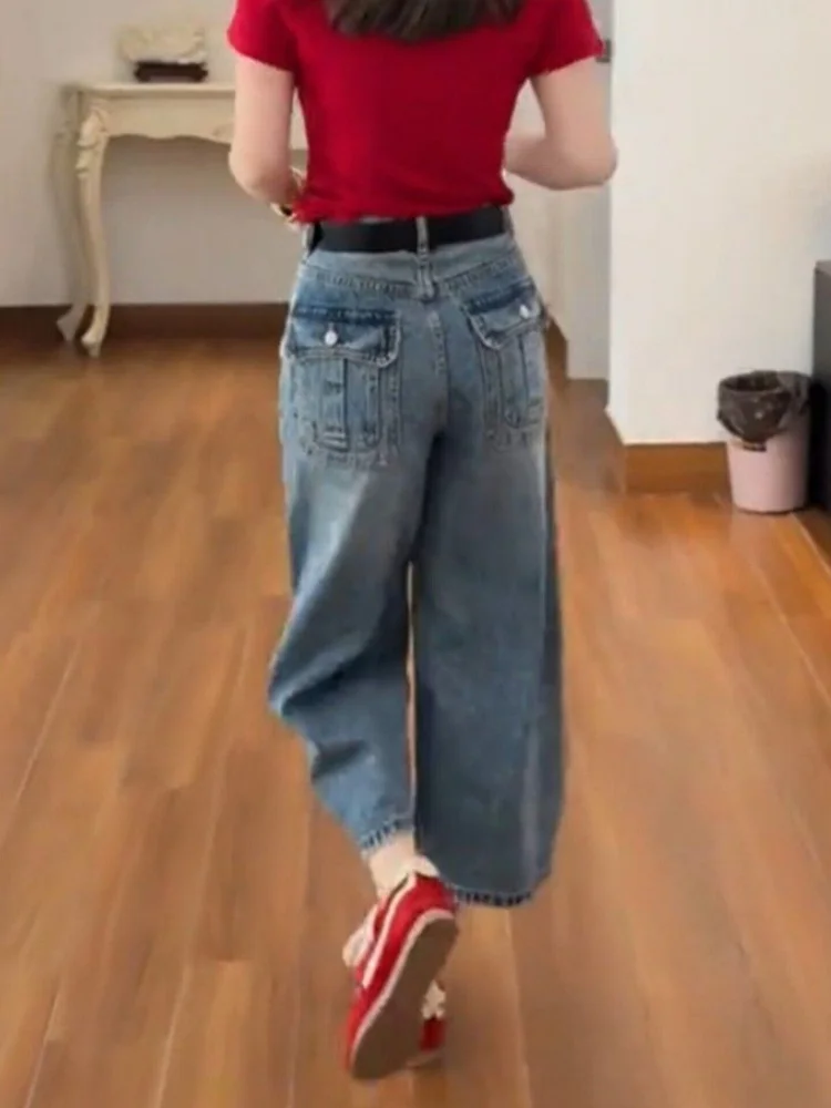 

plus Size Straight Leg Jeans Women's Summer Thin New Small Waist Wide Leg Pants Fat MM Slim Nine Point Straight Casual Trousers