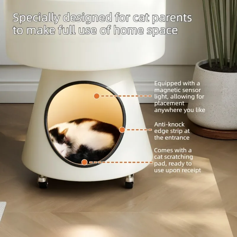 Bedside Cat Bed with Wheel Matte Textured Desktop Cats Beds Cat Cabinet Coffee Table Dual Purpose with Induction Light Pet House
