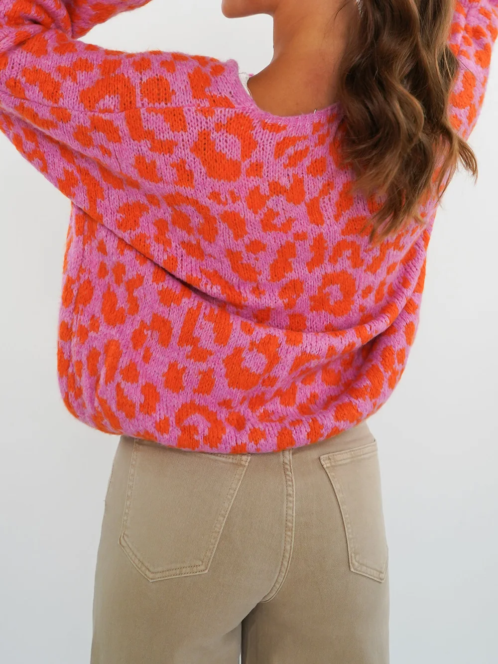 Casual losse trui Retro luipaardprint Dagelijkse mode Streetstyle Winterkleding Dames Gebreid vest met lange mouwen en veters