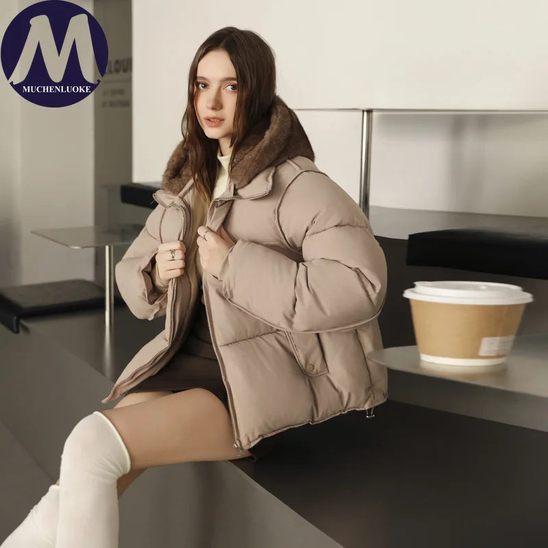 

Женские зимние куртки, новая элегантная шапка из искусственного норкового меха, утепленная теплая короткая парка, пальто, корейская мода, повседневные свободные парки