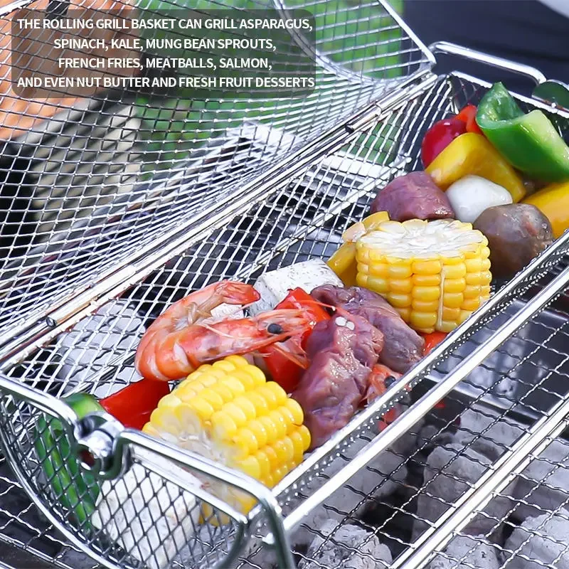 Barbecue Cage Round Barbecue Basket Outdoor BBQ Smoked Cage Portable Barbecue Mesh Rotating Drum