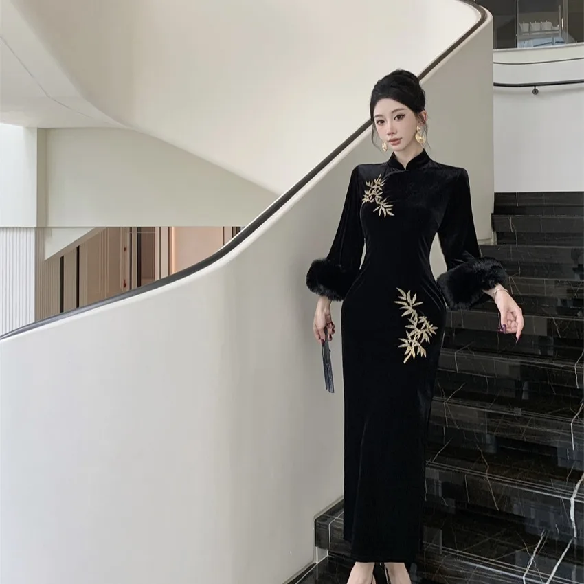 Ele Cappotto in velluto ricamato Sve Bell aped Dr Vita snellente Lungo Sve Midi Qipao Dr per giovani donne