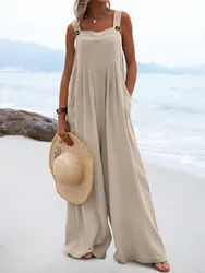 Women's casual wide-leg jumpsuit summer ethnic style solid color pleated fashion comfortable loose jumpsuit