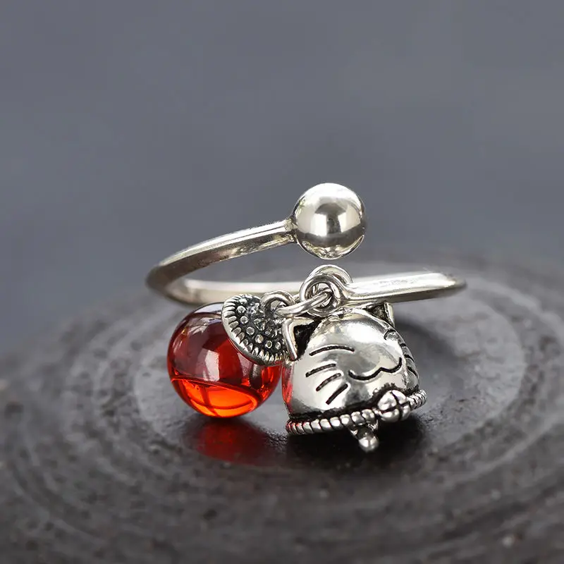 Japanese And Korean Trendy New Silver Retro Lucky Cat Bell Opening Adjustable Ring Female Index Finger Gift