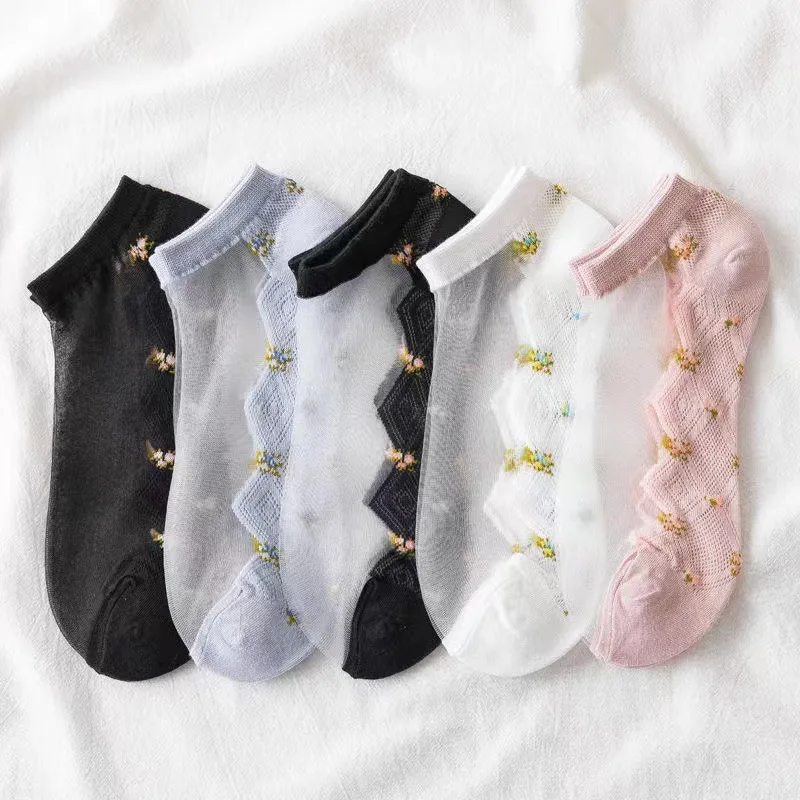 

5 pairs of spring and summer new Internet celebrity glass crystal silk small floral thin breathable shallow women's socks