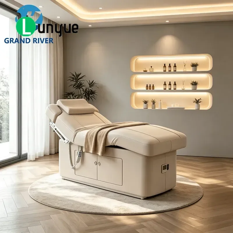 Electric Beauty Bed Beige Upholstered Facial Care Massage Sofa 14cm Thick Luxury Hot Selling for Spa Clinic Treatment