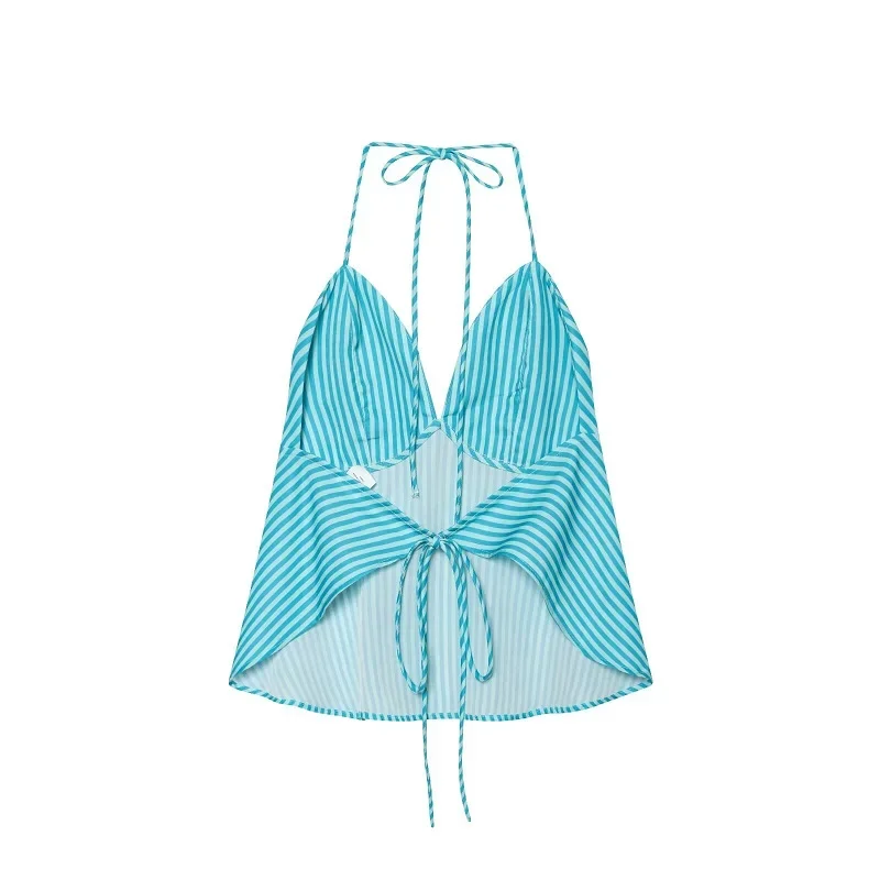 MUJER Gestreiftes Crop-Top für Damen, sexy, rückenfreies Slip-Top für Damen, Sommer-Strand-Top, weibliches Trägertop, ärmellose Damen-Tops – Detail 4