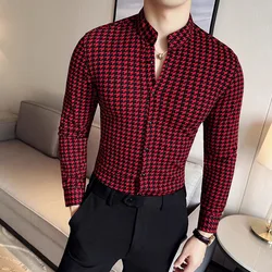 British Style Stand Collar Plaid Shirts for Men Spring Autumn Busines Social Men's Long Sleeved Shirt Fashion Korean Dress Shirt