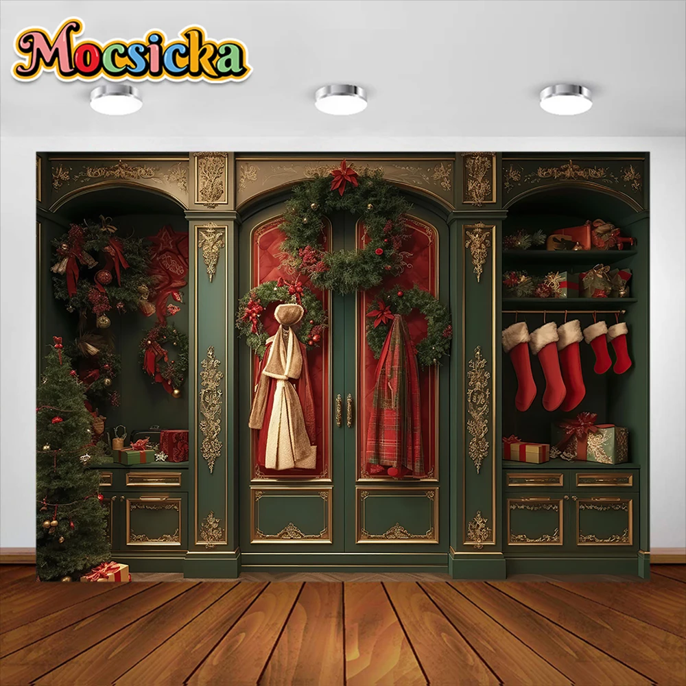 Christmas Photography Background Santa Wardrobe Cupboard Party Decoration Supplies Boy Girl Portrait Photo Backdrop Studio Props