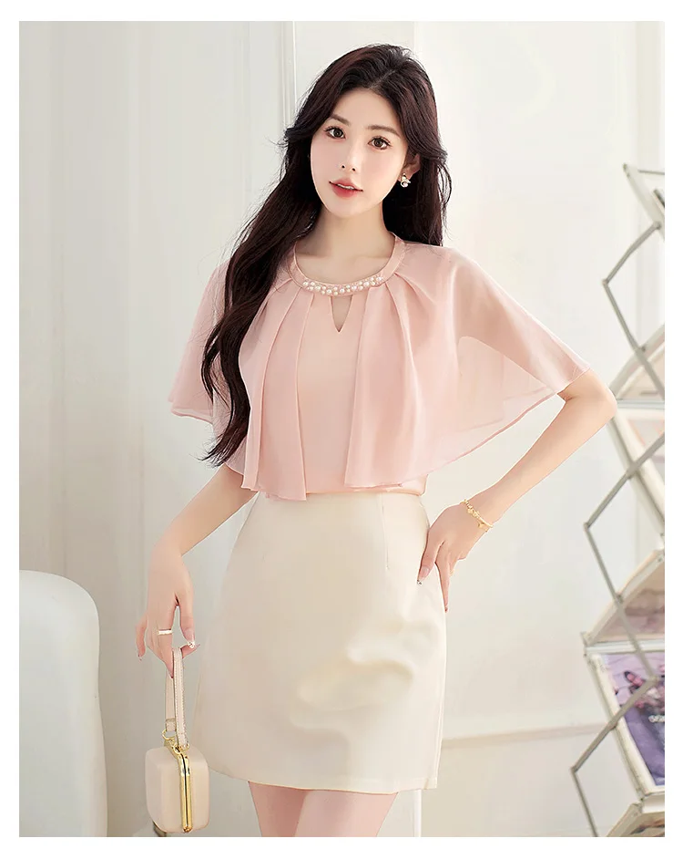 Mode 2026 Sommer Kurzarm O-Ausschnitt Süße Damenbluse Rosa Chiffon-Bluse Hemden Damen-Tops Blusas De Mujer Camisas N602 – Detail 8