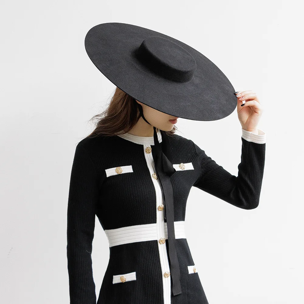 Chapéu de feltro de lã de aba larga preto chique disquete quente inverno trilby chapéu vestido de igreja casamento fedora jazz boné moda masculina mulher panamá