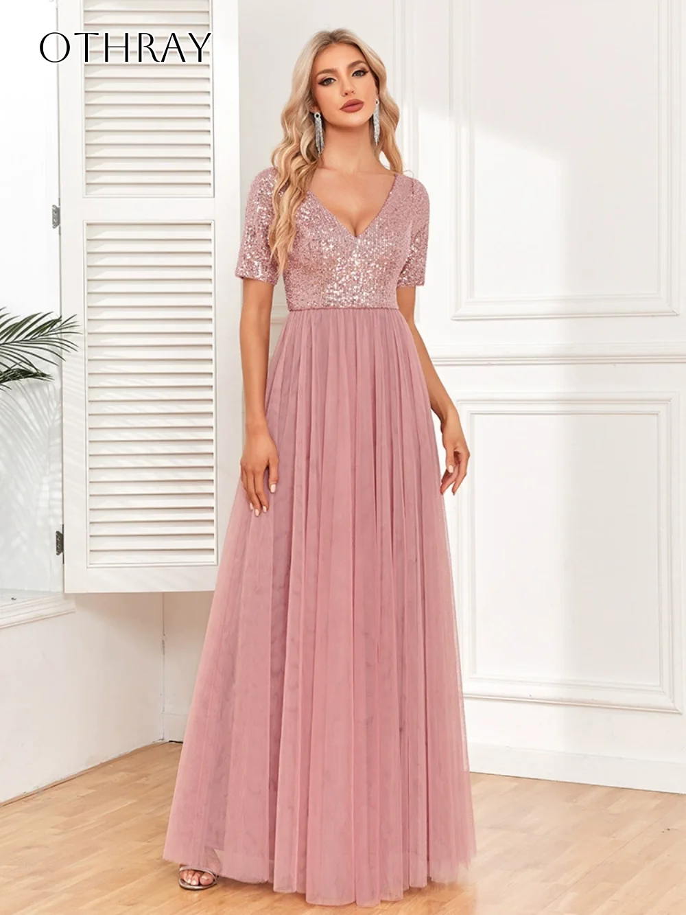 Robes de bal à paillettes et col en V, manches courtes, en Tulle, longueur au sol, personnalisées