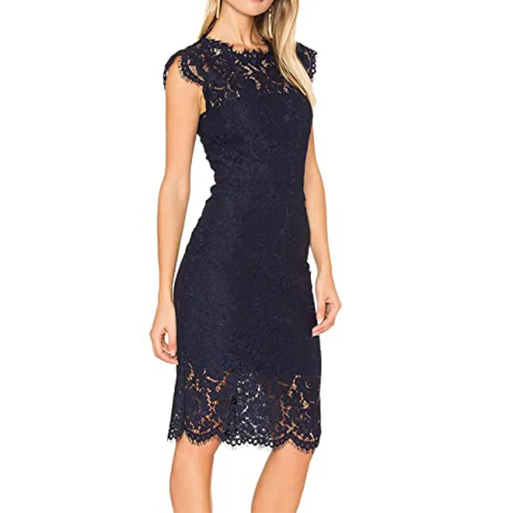 

Customized Charming Mother of The Bride Dress Women's Sleeveless Lace Floral Elegant Dress Crew Neck Knee Length for Party
