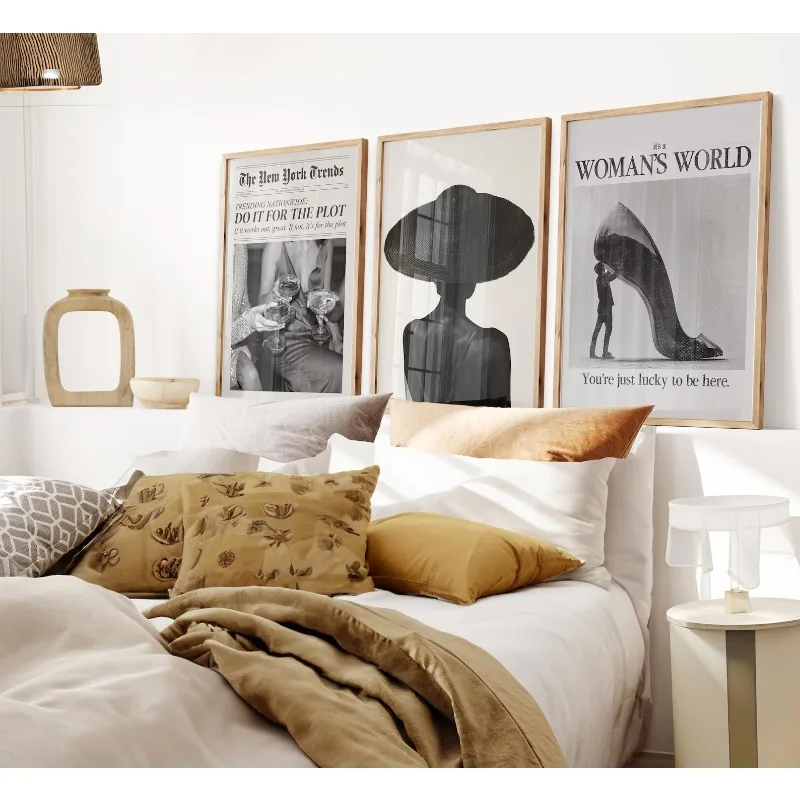 Set of 3 Black Art Prints Modern Wall Art Set Black and White Girly Decor Newspaper Trendy Preppy Style for Apartments or Gift