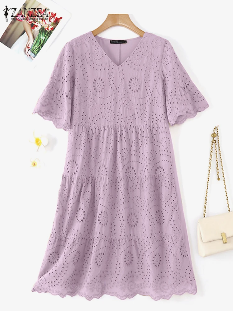 Bohemain Lace Crochet Dress 2024 ZANZEA Summer Women O Neck Short Sleeve Holiday Midi Sundress Stylish Patcwhwork Work Vestidos