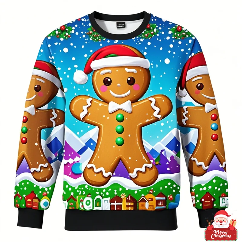 Ugly Christmas Sweaters Gingerbread Man 3D Funny Print Holiday Party Xmas Sweatshirt For Party Birthday Xmas Boy Sweatshirt 2024