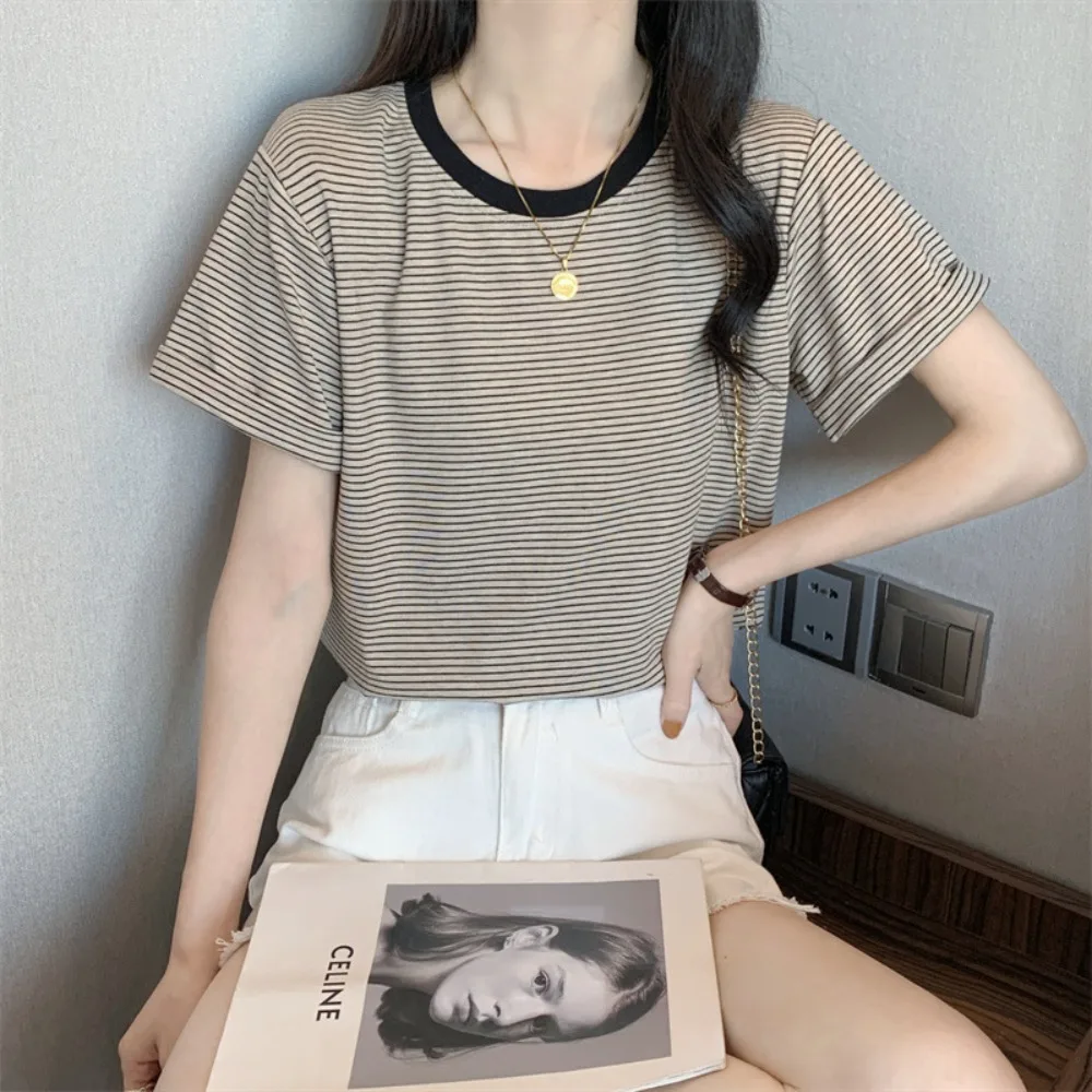 Fashion Summer Striped T-shirt Student Slim Round Neck Short Sleeve Casual Loose Short Top Female