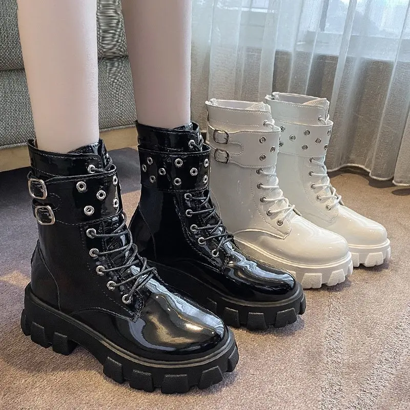 

Mid length knight boots women's Korean version thick soled glossy back zipper patent leather mid length women's boots