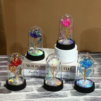 Rosa luz bonita realista olhando luz noturna rosa flor eterna fontes de festa led simulação estatuetas miniaturas decoração