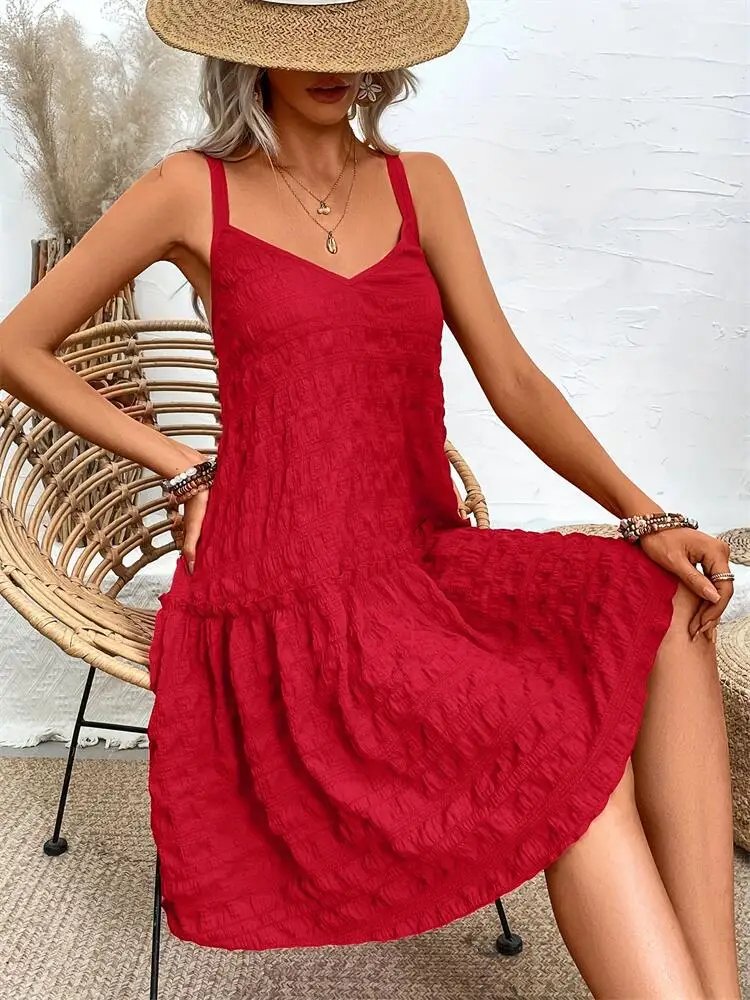 

Solid Color Crepe V-Neck Sleeveless Camisole Dress for Summer, New Women's Casual Vacation Style Beach Backless Camisole Dress